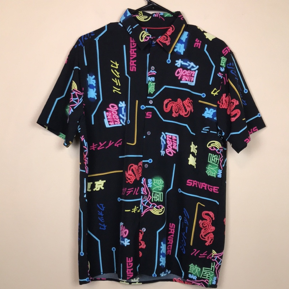 Fresh Prints of Tokyo Men’s Neon Kanji Multicolor Button-Up Short Sleeve Shirt